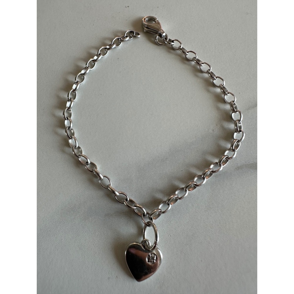 Sterling Silver 925 Heart Charm Rolo Link Chain Bracelet 7.25 Inch 4.6g